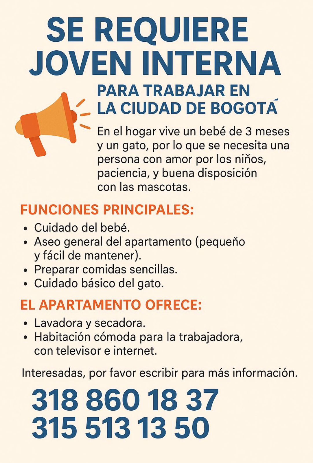 Se requiere joven Interna para trabajar en Bogotá